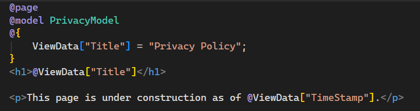 Captura de tela mostra o arquivo Privacy.cshtml aberto no editor de código do Visual Studio com o texto atualizado.