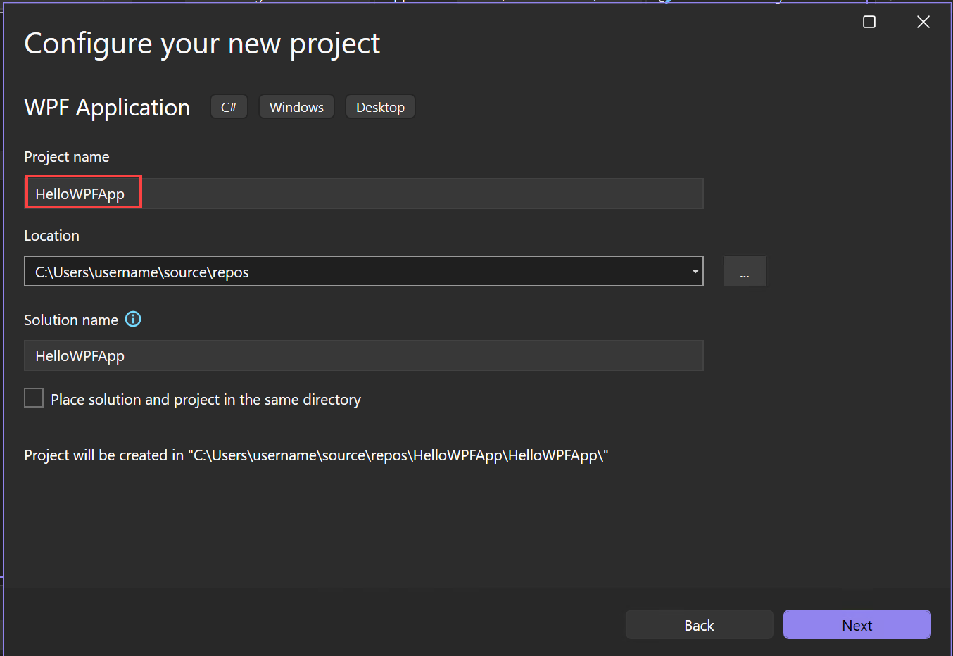 Captura de ecrã que mostra o diálogo 'Configurar o seu novo projeto' com 'HelloWPFApp' introduzido no campo nome do projeto.