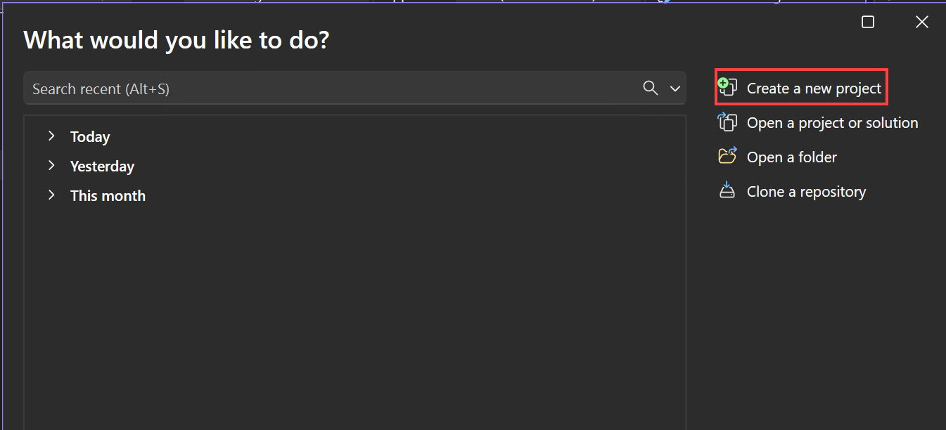 Captura de tela mostra a janela inicial do Visual Studio. A opção 'Criar um novo projeto' está realçada.