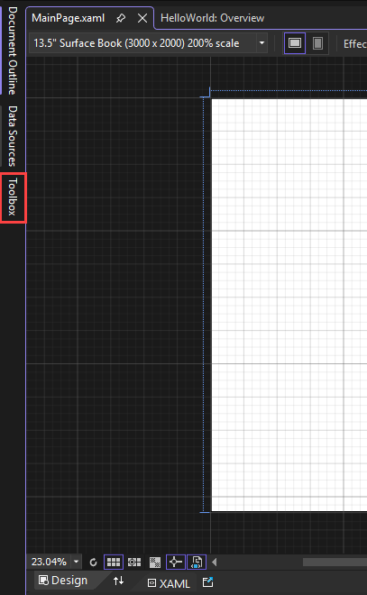 Captura de tela mostrando a aba 'Caixa de Ferramentas' realçada no lado esquerdo do Painel do Designer XAML.