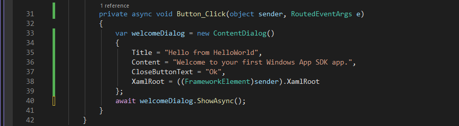 Captura de tela mostrando o código C# para o novo manipulador de eventos async myButton_Click.