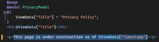 Captura de tela mostra o arquivo Privacy.cshtml aberto no editor de código do Visual Studio com o texto atualizado.
