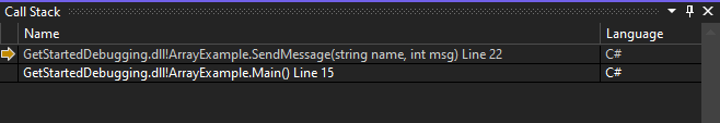 Captura de ecrã da janela Pilha de chamadas no Visual Studio 2022.
