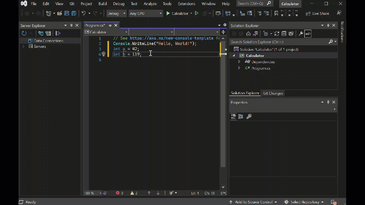 Animação de código matemático inteiro que mostra o recurso de preenchimento automático do IntelliSense no IDE do Visual Studio.