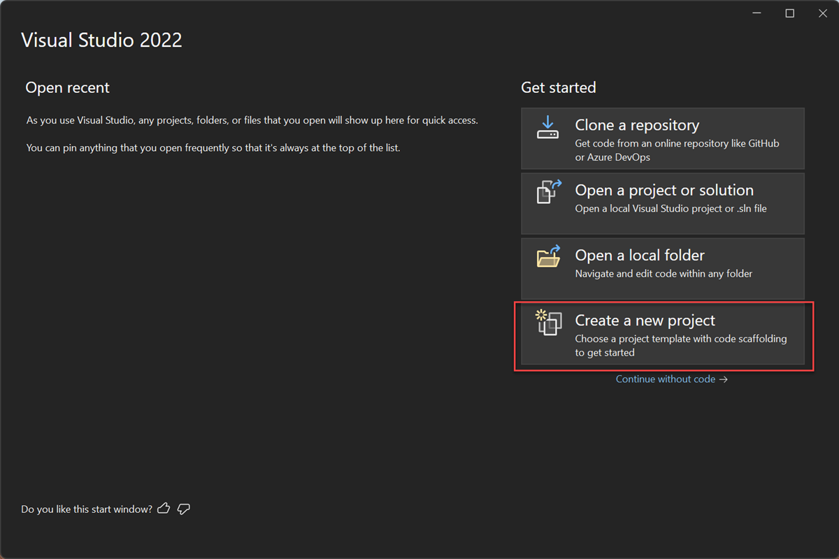 Captura de ecrã da opção Criar um novo projeto na janela de início do Visual Studio 2022.