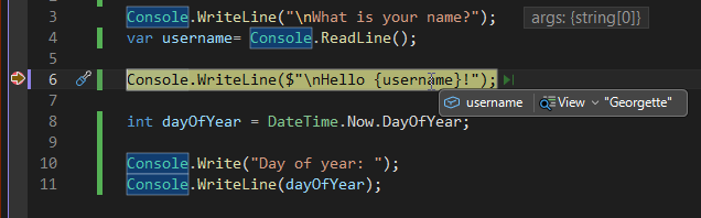 Captura de ecrã que mostra um valor variável durante a depuração em Visual Studio.