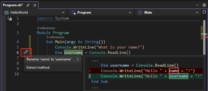 Captura de ecrã que mostra a ação Renomear em Visual Studio.