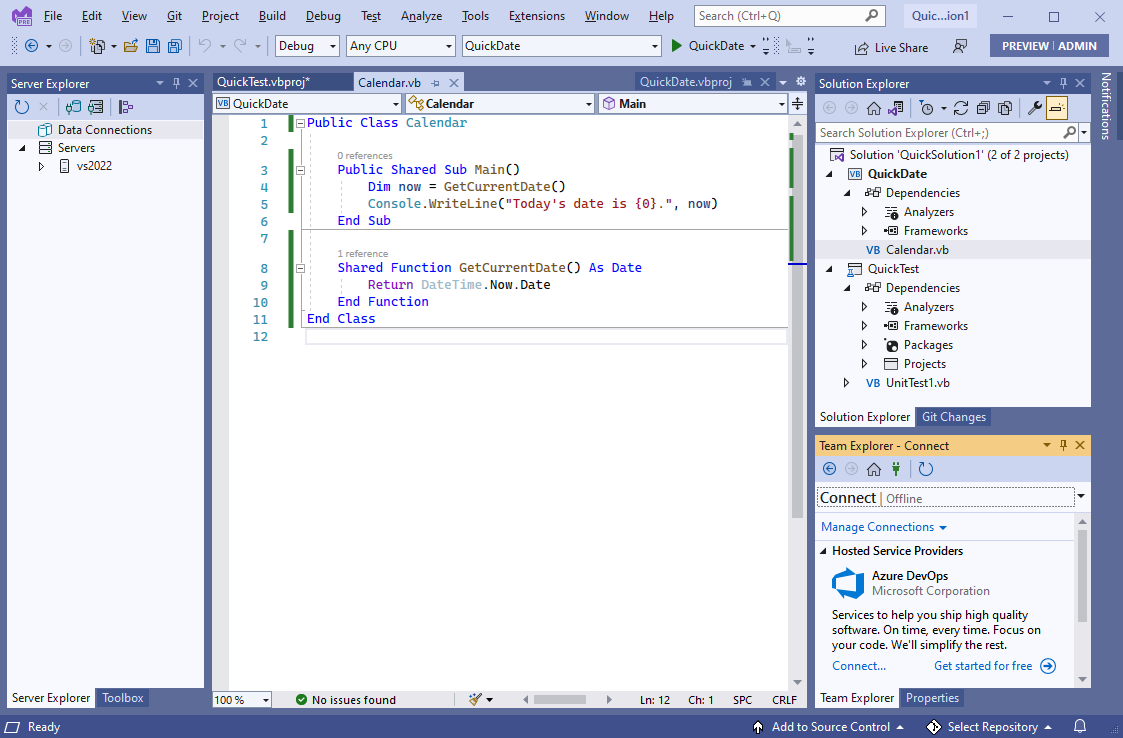 Captura de ecrã que mostra Visual Studio no tema azul.