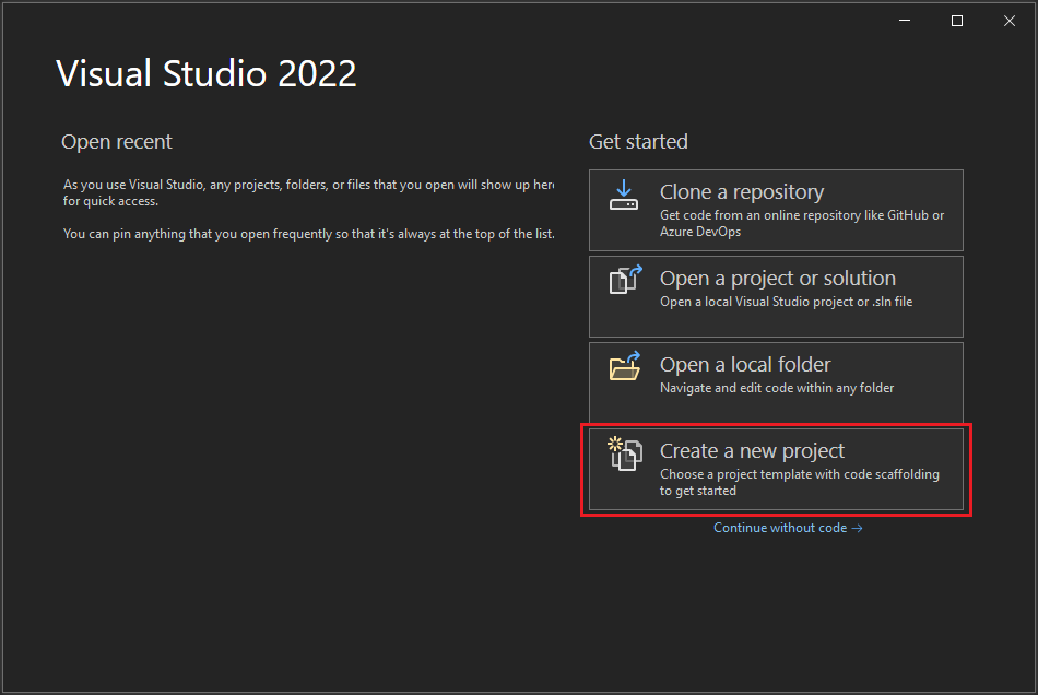Captura de ecrã da janela de início em Visual Studio de 2022 com a opção 'Criar um novo projeto' destacada.