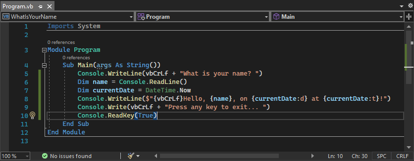 Captura de tela mostrando o código para o arquivo 'Program.vb' no projeto 'WhatIsYourName' carregado no editor de código do Visual Basic.
