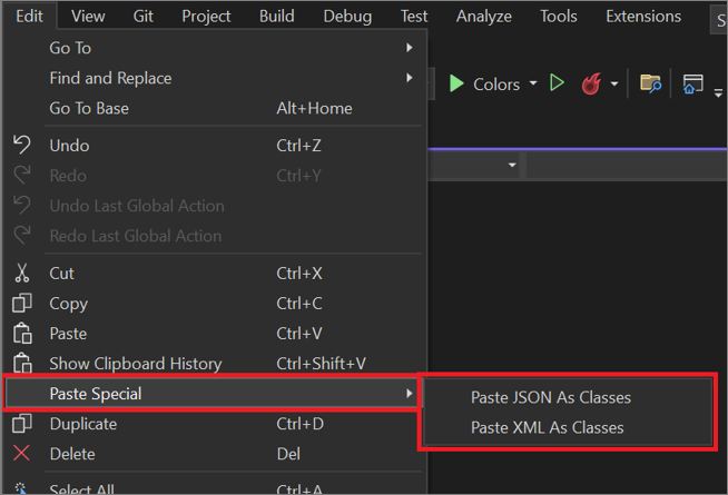 Captura de tela da opção Colar especial no menu Editar no Visual Studio.