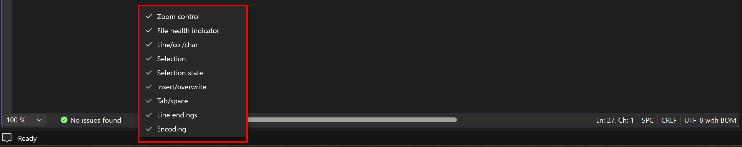 Captura de ecrã do menu contextual da margem inferior, mostrando elementos de controlo opcionais.