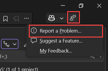 Captura de ecrã a mostrar o ícone de feedback selecionado no canto superior direito da janela Visual Studio e Reportar um Problema selecionado no menu contextual.