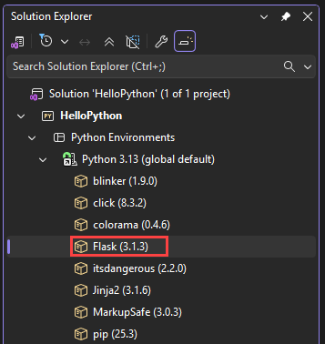 Captura de tela que mostra a biblioteca Flask instalada e presente no Gerenciador de Soluções no Visual Studio.