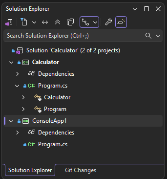 Captura de tela de dois projetos no Gerenciador de Soluções do Visual Studio.