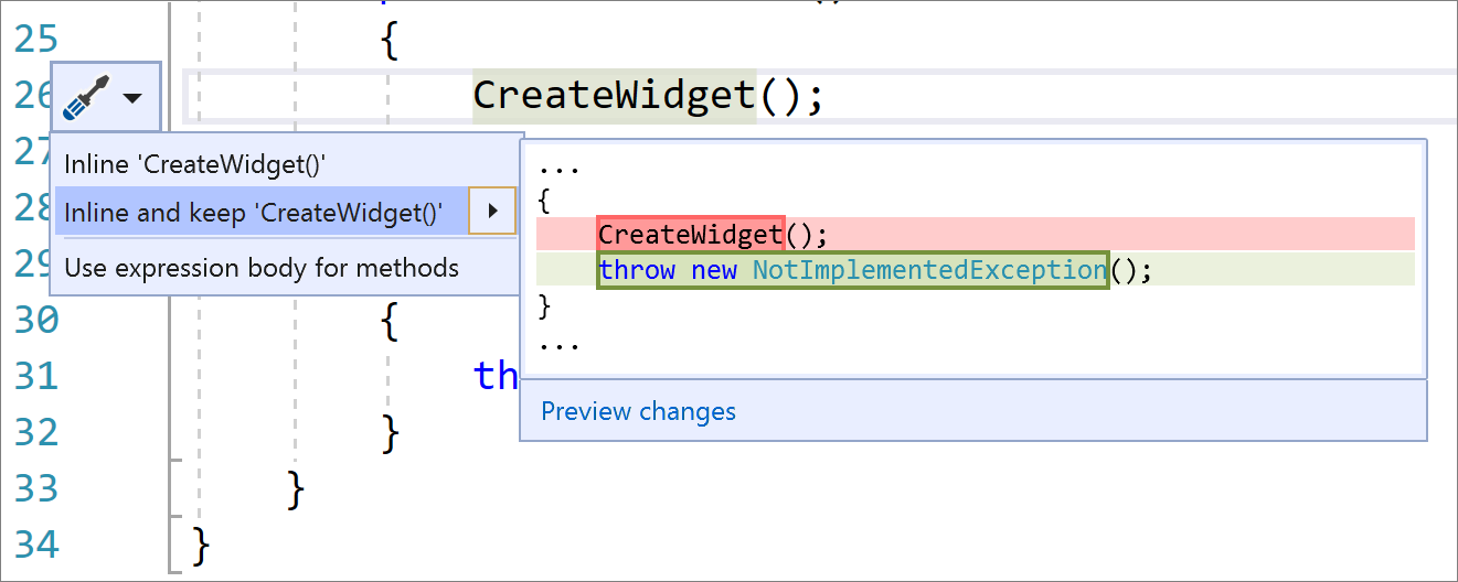 Captura de ecrã do menu Quick Actions and Refactorings em Visual Studio com Converter 'Inline e manter 'CreateWidget()' ativado e alterações ao código C# mostradas.