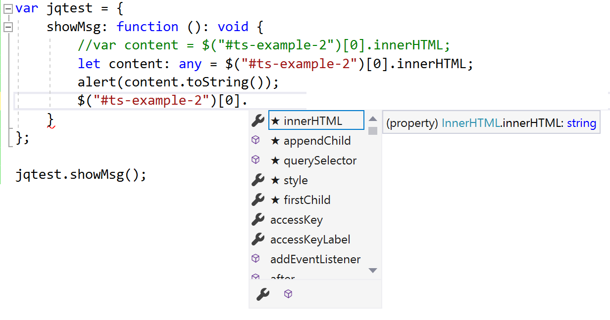 Captura de tela que mostra os resultados do Intellisense para o exemplo J Query.