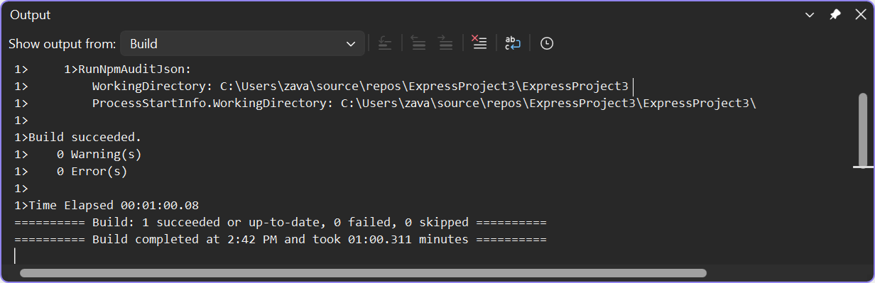 Captura de ecrã da saída de compilação detalhada no Visual Studio.