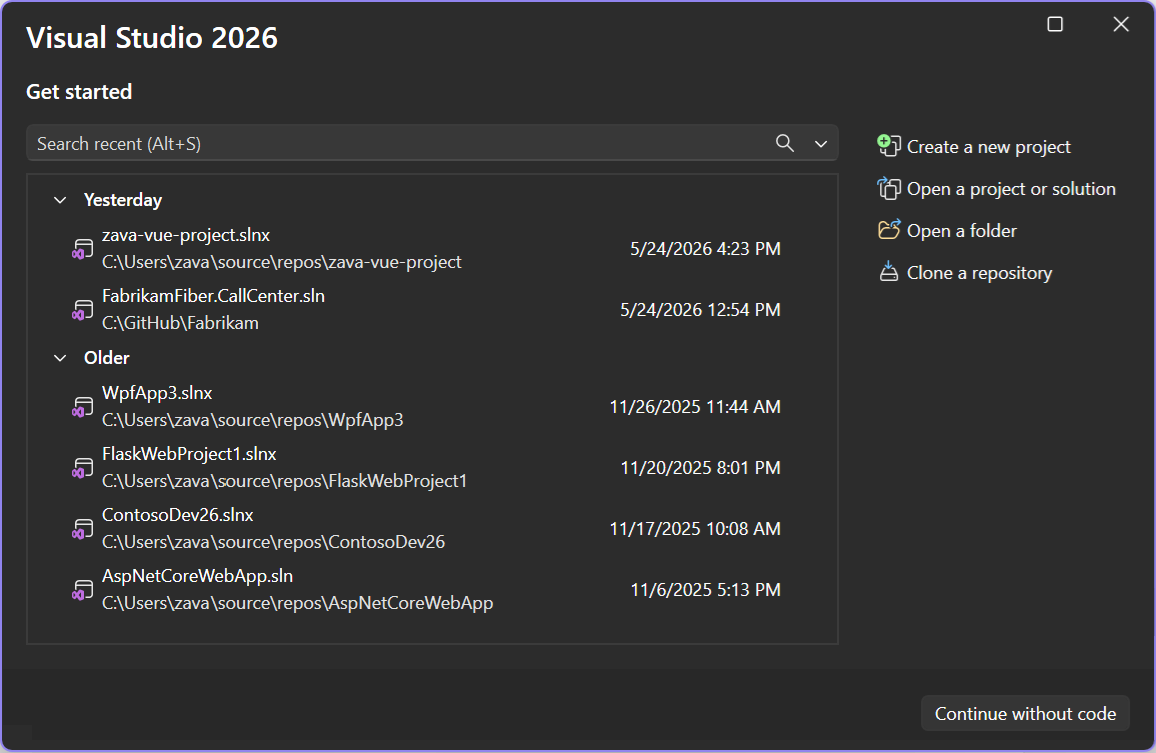 Captura de ecrã da janela de início quando Visual Studio abre.