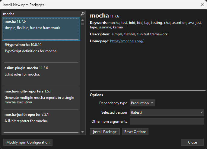 Captura de ecrã da instalação do novo pacote npm para o esproj.