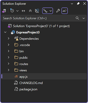 Captura de ecrã do novo projeto aberto em Explorador de Soluções em Visual Studio.