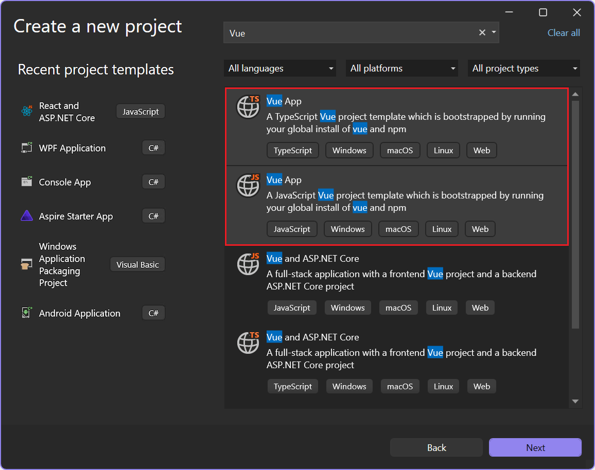 Captura de ecrã a mostrar como escolher um modelo Vue para JavaScript ou TypeScript.