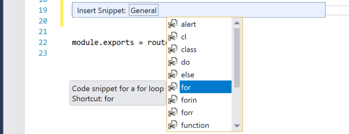 Trecho de código para um ciclo for no Visual Studio