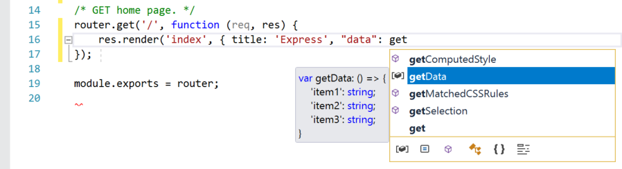 Captura de tela de uma janela de código do Visual Studio com a palavra 'get' sendo inserida. As informações do IntelliSense são mostradas para todas as funções que começam com 'get'.