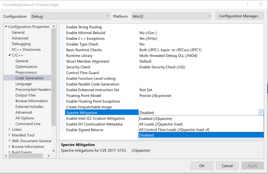 Captura de tela que mostra como desabilitar mitigações do Spectre no Visual Studio.