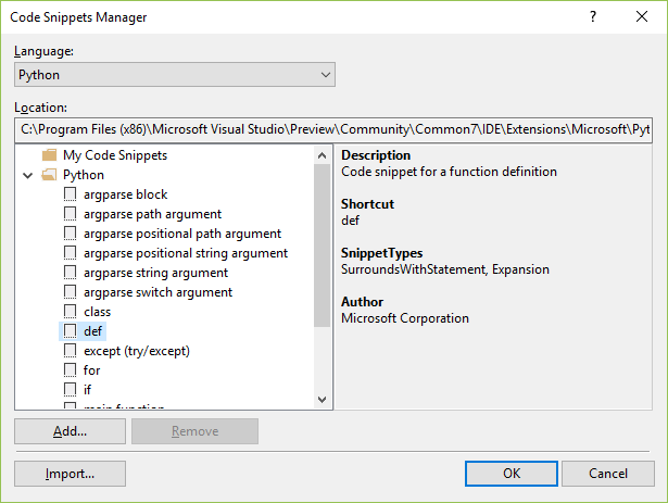Captura de tela que mostra o Gerenciador de trechos de código no Visual Studio.