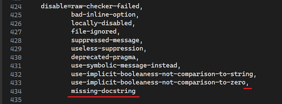 Captura de tela mostrando como appender uma mensagem de aviso específica à configuração de desabilitação no arquivo pylintrc no Visual Studio.