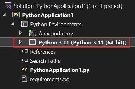 Captura de ecrã que mostra como Visual Studio mostra o nome do ambiente ativo em letra a negrito em Explorador de Soluções.