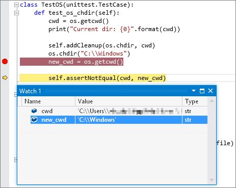 Captura de ecrã que mostra o resultado de depuração para um teste de unidade Python no Visual Studio.