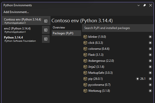 Captura de ecrã que mostra os pacotes atuais para o ambiente selecionado na janela de Ambientes Python.