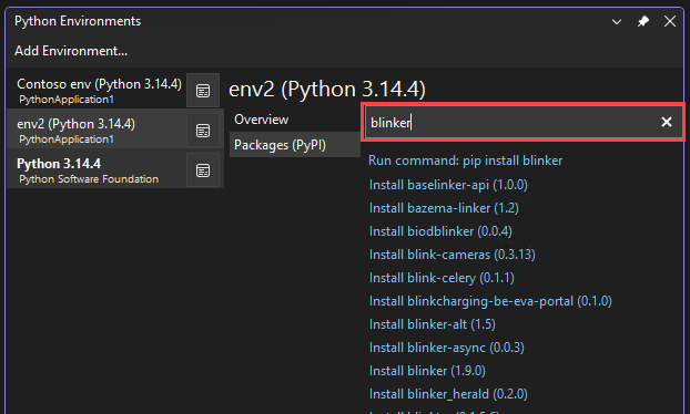 Captura de ecrã que mostra como Visual Studio mostra como procurar pacotes correspondentes na janela de Ambientes Python.