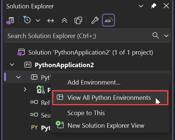 Captura de tela do comando Exibir todos os ambientes Python no Gerenciador de Soluções.