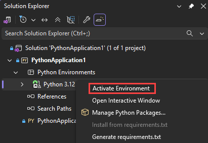 Captura de tela que mostra como ativar um ambiente para um projeto Python no Visual Studio.