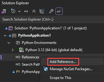 Captura de tela que mostra como Adicionar uma referência de extensão em projetos Python no Visual Studio.