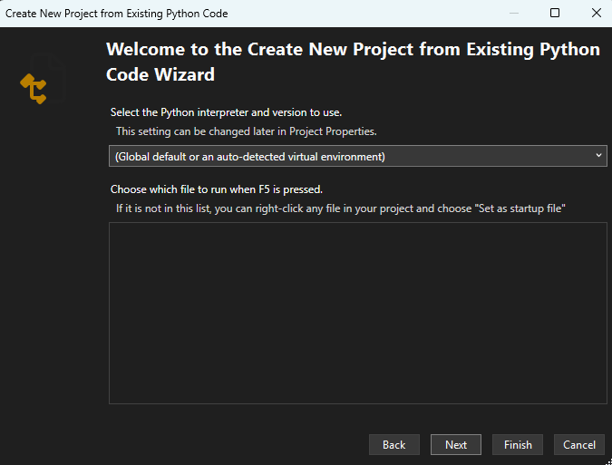 Captura de ecrã da janela Criação de Novo Projeto a partir de Código Existente, incluindo a escolha do ficheiro de arranque e do ambiente Python no Visual Studio.