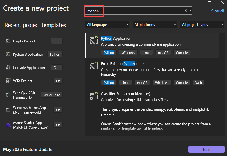 Captura de tela que mostra a nova caixa de diálogo do projeto com modelos Python disponíveis no Visual Studio.