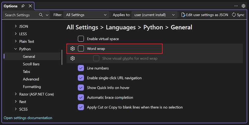 Captura de ecrã que mostra como ativar o word wrapping para Python no Visual Studio.