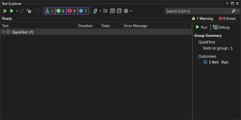 A captura de tela mostra o Test Explorer antes de executar testes no Visual Studio 2022.