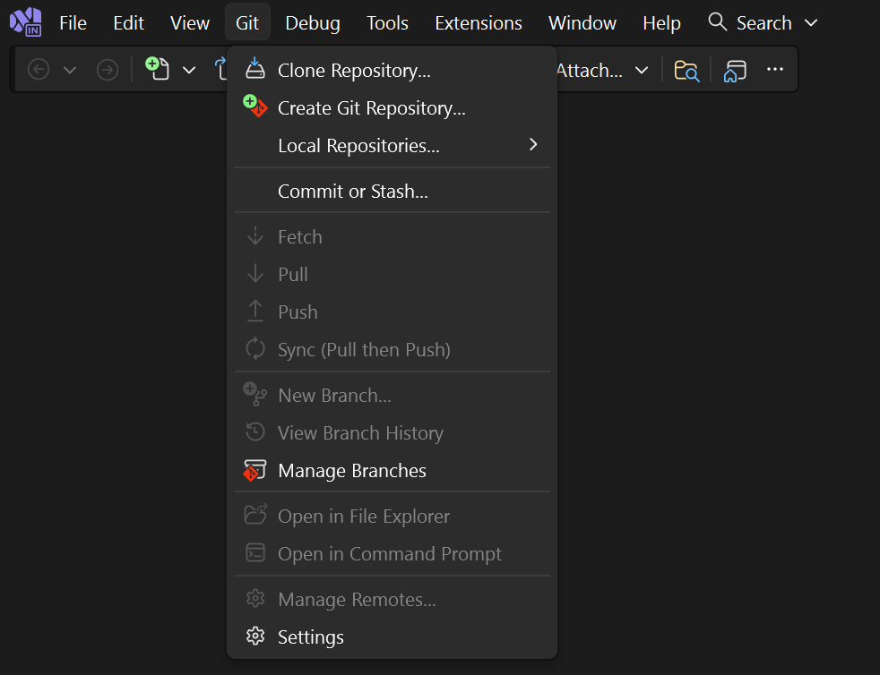Captura de ecrã que mostra a opção completa de Repositório de Clones no menu Git no Visual Studio.