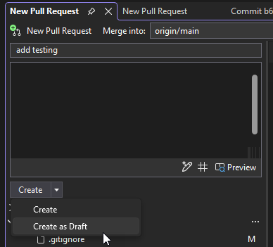Captura de tela mostrando a opção de criar uma nova solicitação pull como rascunho.