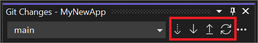 A janela Alterações do Git com os controlos dos botões Obter, Pull, Push e Sincronizar destacados no Visual Studio 2022.