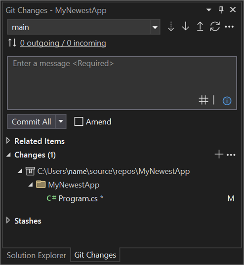 A janela de Alterações do Git no Visual Studio 2022.