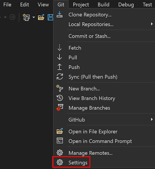 Captura de ecrã do menu Git com a opção Definições destacada.