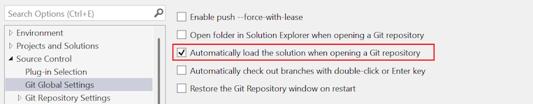 Captura de ecrã da opção 'Carregar automaticamente a solução ao abrir um repositório Git' no diálogo de Opções.
