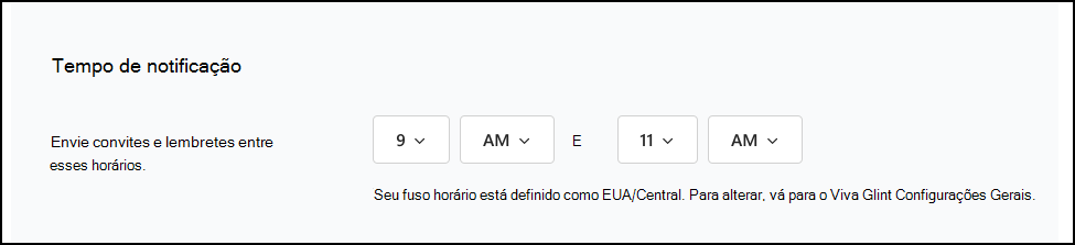 Captura de tela da seção Tempo de Notificações na configuração de Comunicações.