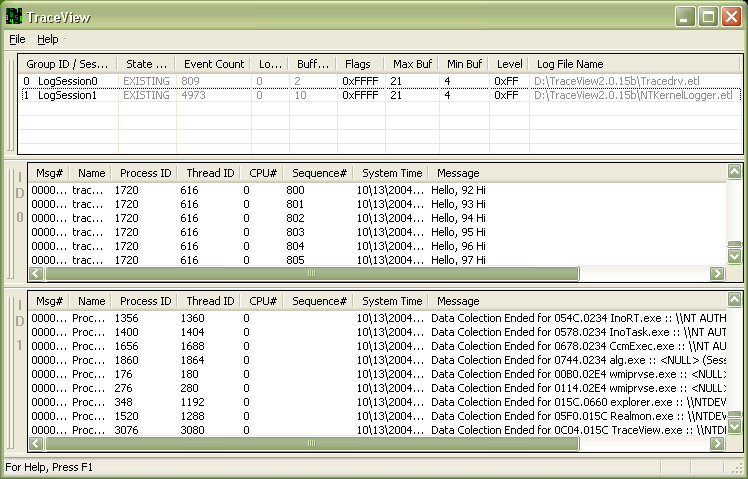 Captura de tela de uma lista de sessões de rastreamento exibindo um Tracedrv e um log de sessão de rastreamento do NT Kernel Logger.